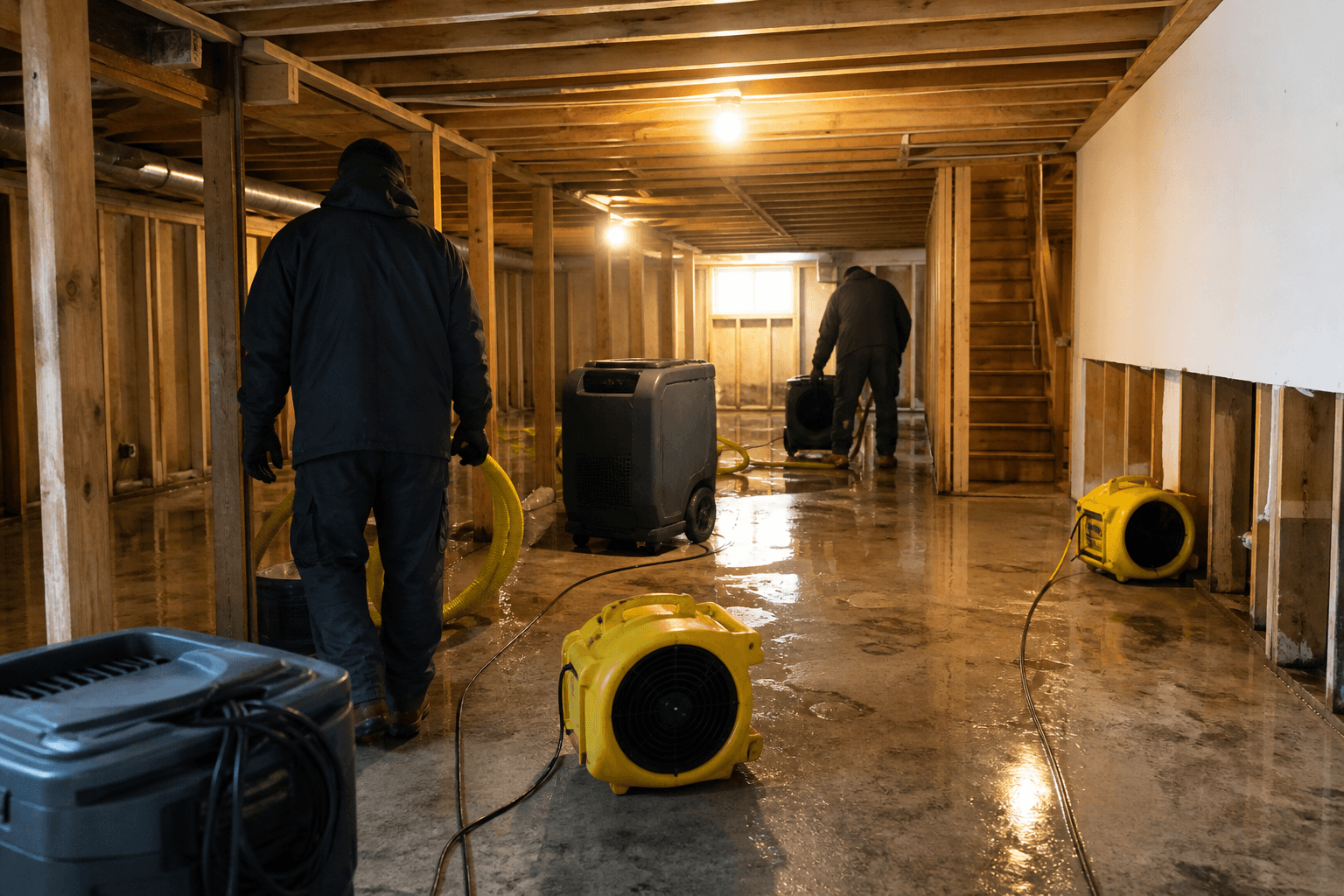 Langley water damage restoration specialists setting up LGR dehumidifiers and air movers in a flooded lower mainland home